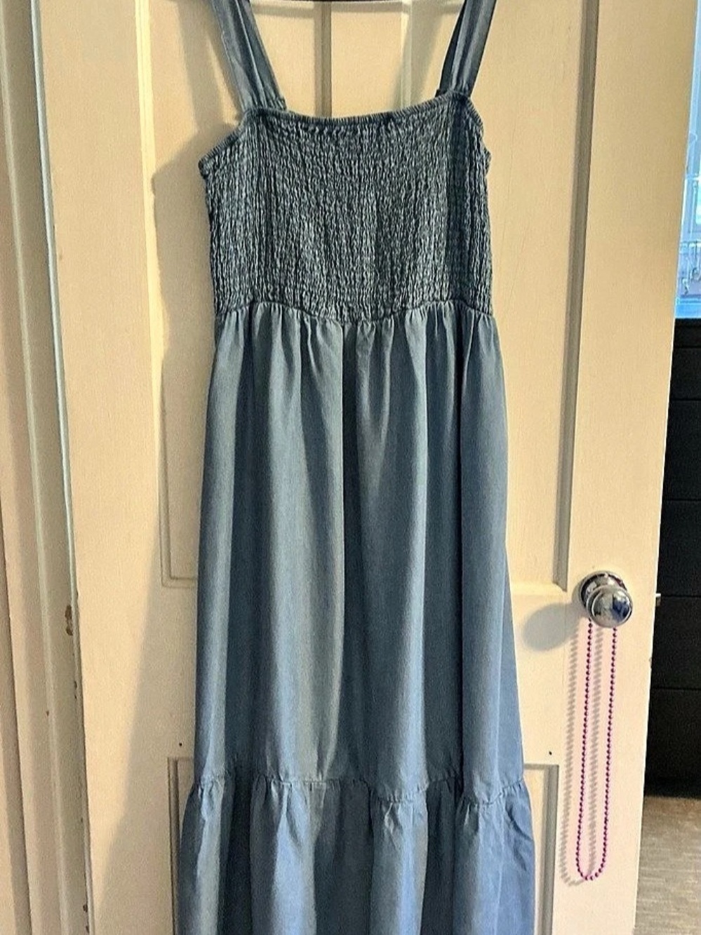 Blu Pepper Chambray Smocked Strappy Midi Pocket Dress Blue